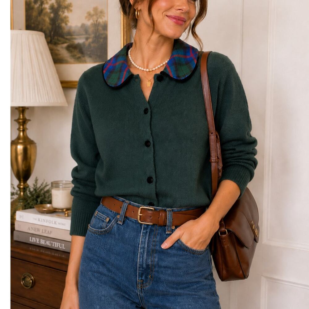 Talbots Vintage Wool Angora Plaid Velvet Collar Cardigan Sweater Green M